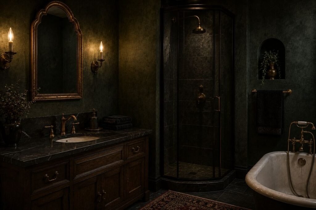 Gothic bathroom with aged-brass fixtures and dark green walls
