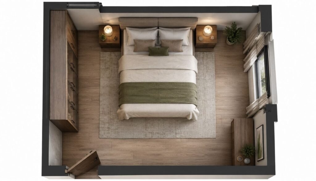 Bedroom layout ideas for couples showing furniture placement and space planning