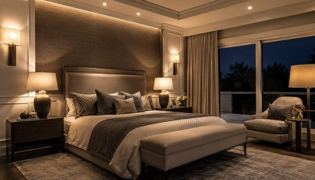 Bedroom lighting ideas for couples with layered warm ambient lighting