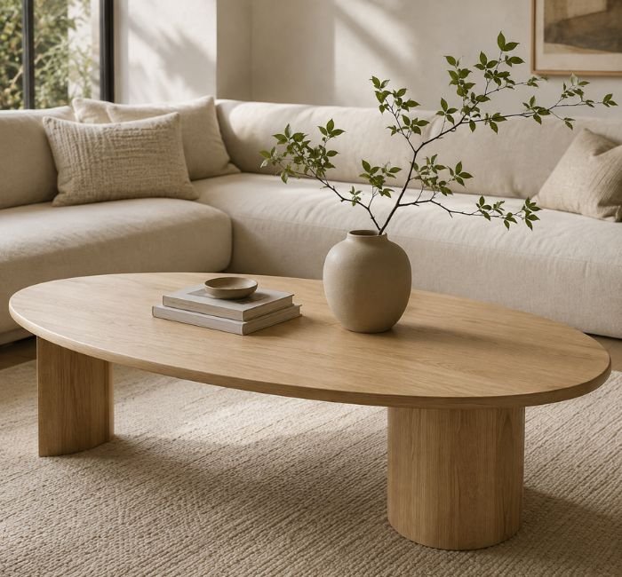Oval oak coffee table with a simple vase and loose leafy branch
