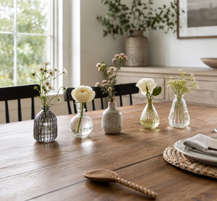 Small bud vases with flowers on a rectangular dining table