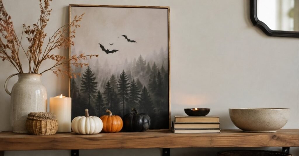 Affordable Halloween decor ideas using pumpkins, candles, and simple accessories.