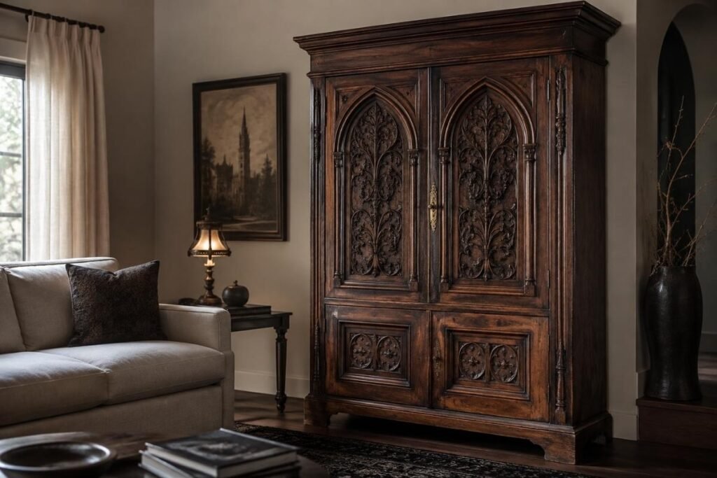 Carved dark-walnut gothic cabinet in an elegant living room