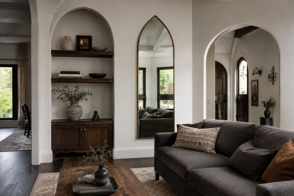 Modern gothic interior with cathedral-inspired arches and an arched mirror