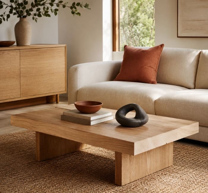 Neutral living room with terracotta color repeated on the coffee table and sofa