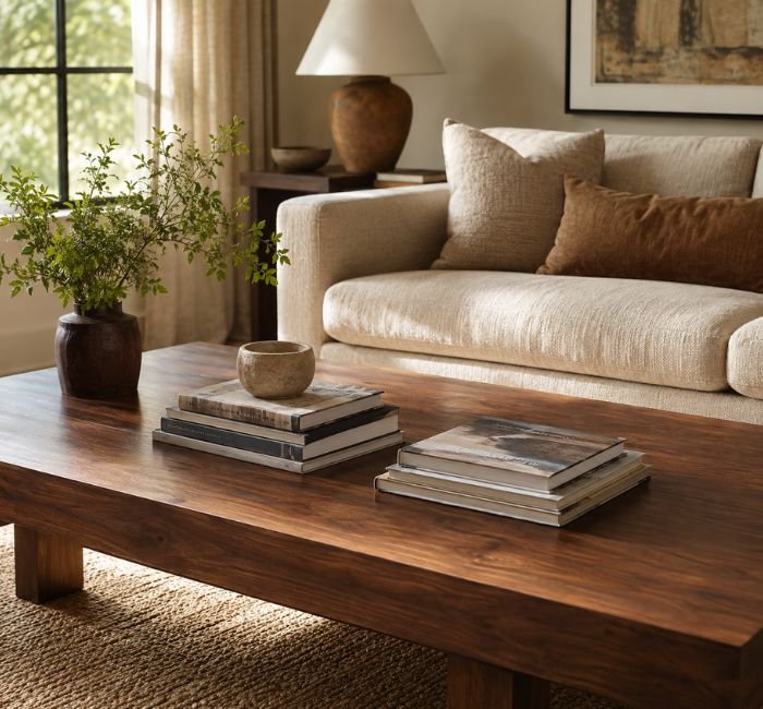 Wood coffee table arranged with art books and a handmade ceramic keepsake
