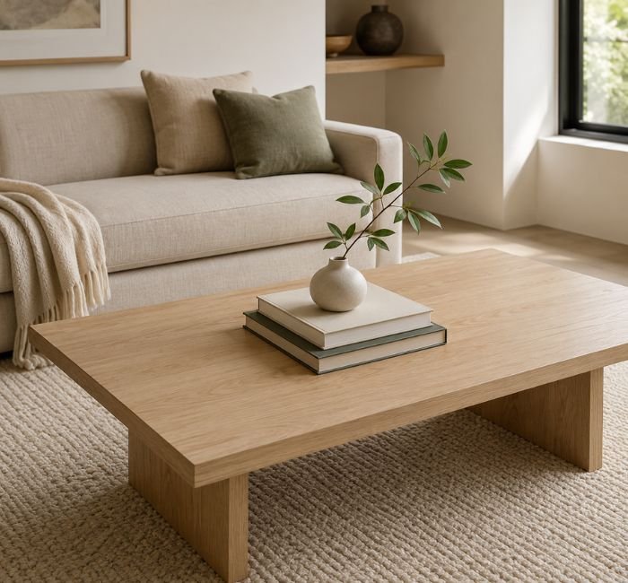 Pale oak coffee table styled with two books and a small ceramic vase