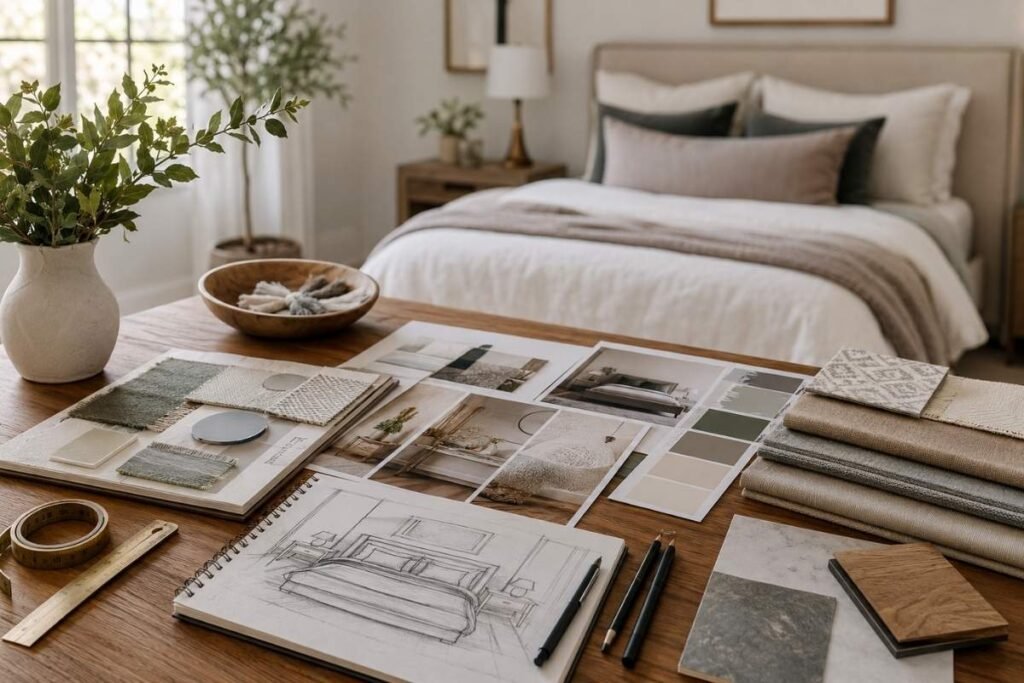 Couple bedroom design planning with mood boards and interior color samples