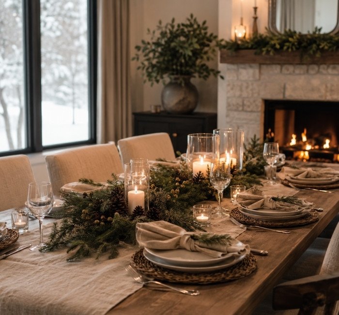 Cozy winter table decor with candles, greenery, and neutral styling