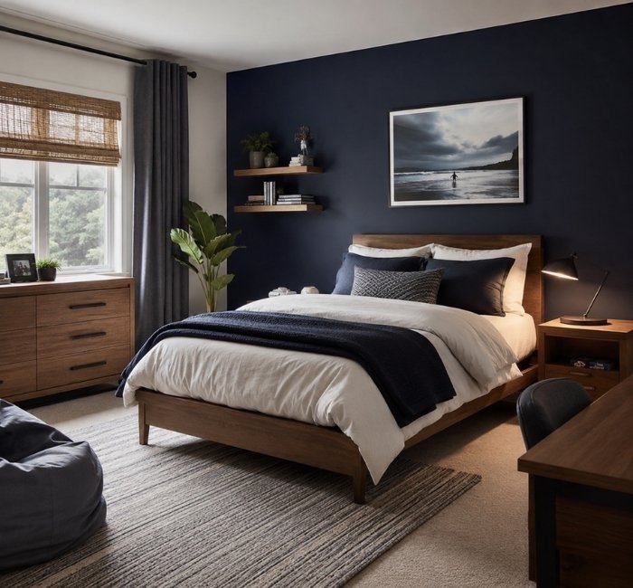 Dark navy accent wall in a modern teenage male bedroom