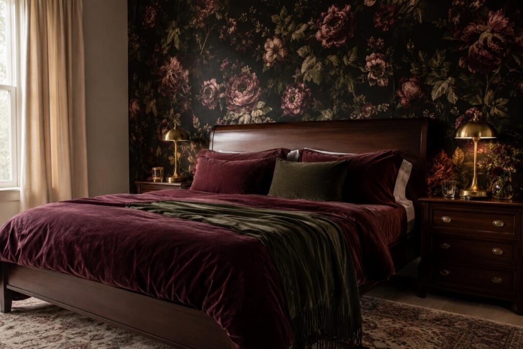 Dark floral gothic wallpaper behind a wooden bed with velvet bedding