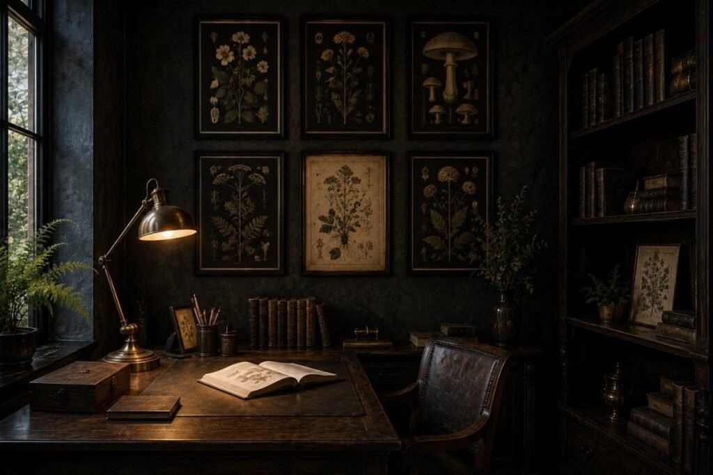 Dark botanical prints displayed above a gothic home-office desk