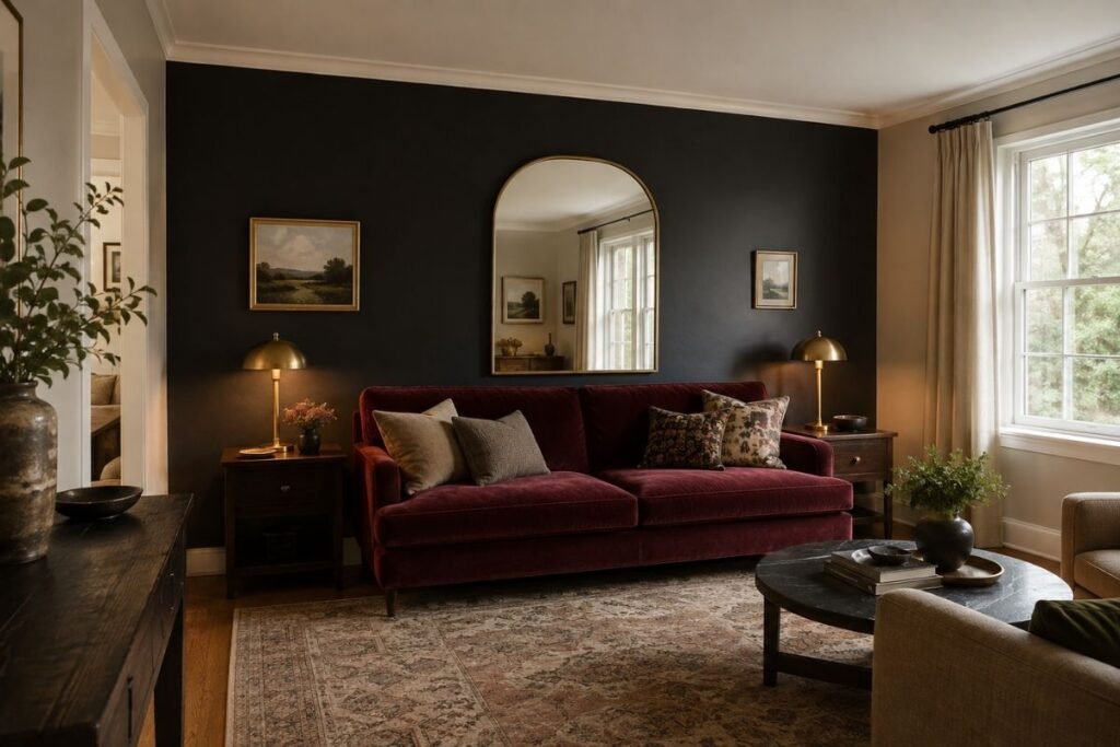 Dark gothic feature wall behind a burgundy velvet sofa