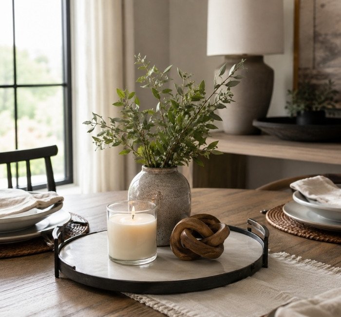 Decorative tray with candle and vase on a dining table