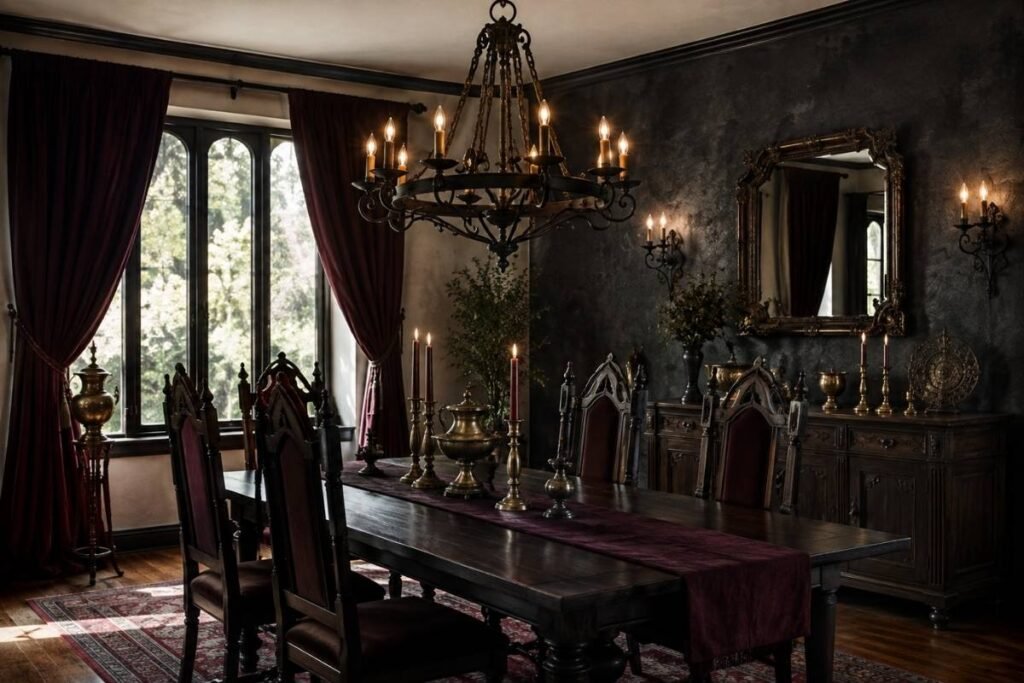 Dramatic black gothic chandelier above a dark wooden dining table