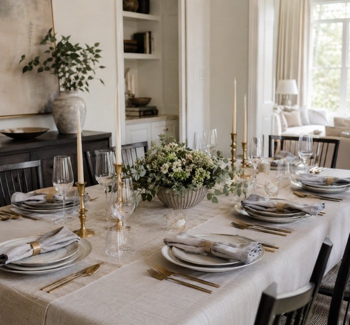 Elegant dining table decor with layered linens and metallic accents