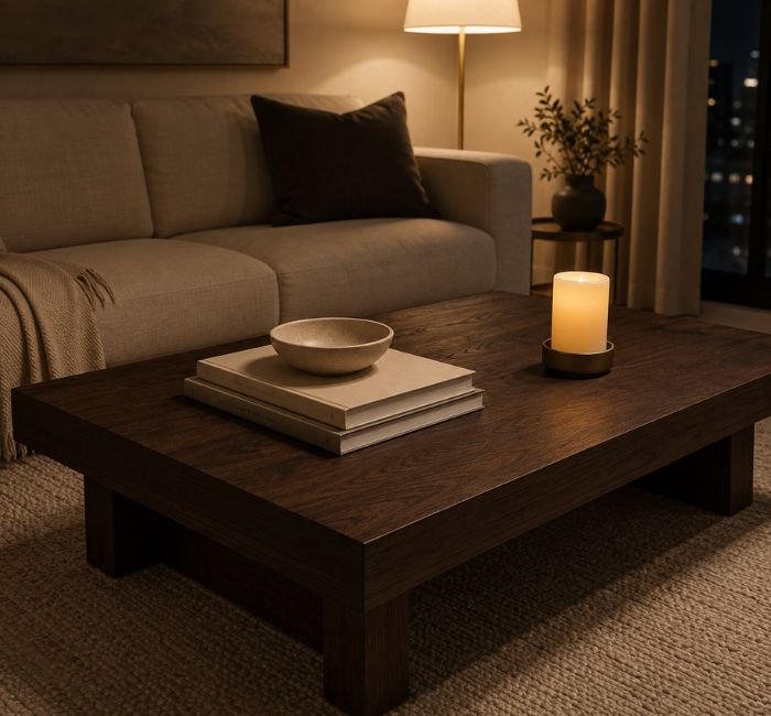 Dark wood coffee table with books, ceramic bowl and flameless candle