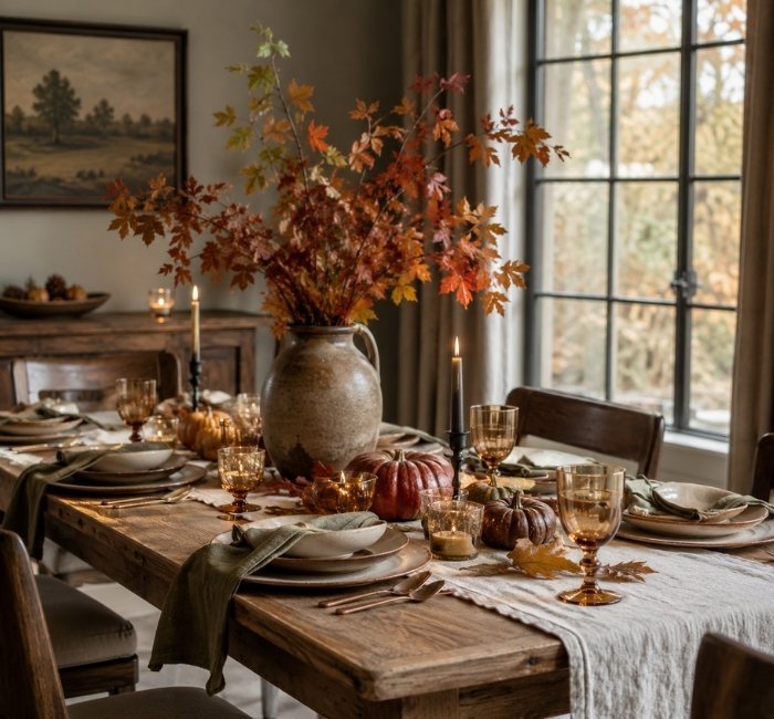 Fall table decor with warm foliage and natural textures