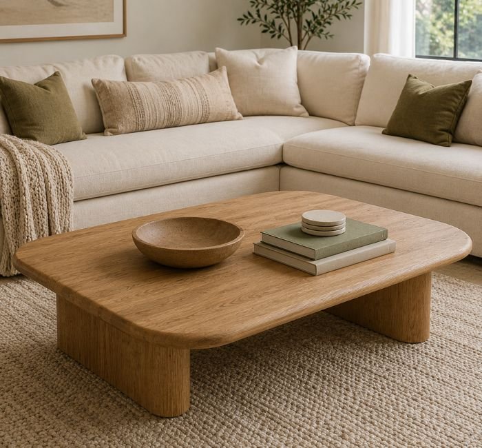 Family-friendly wood coffee table with shallow bowl, books and coasters