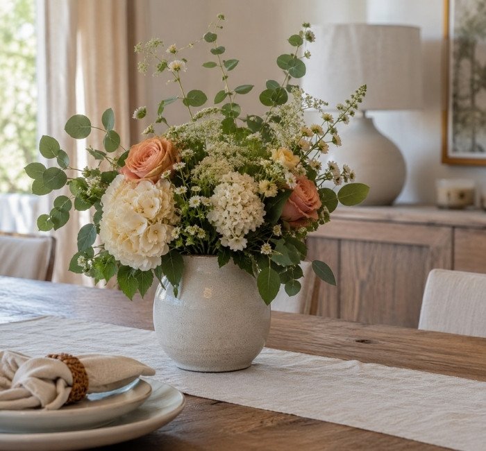 Fresh flowers in a ceramic vase on a dining table