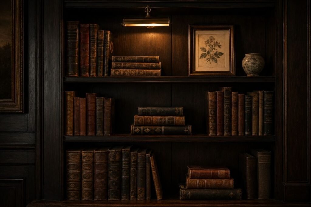 Dark gothic bookshelf styled with antique books and a brass lamp