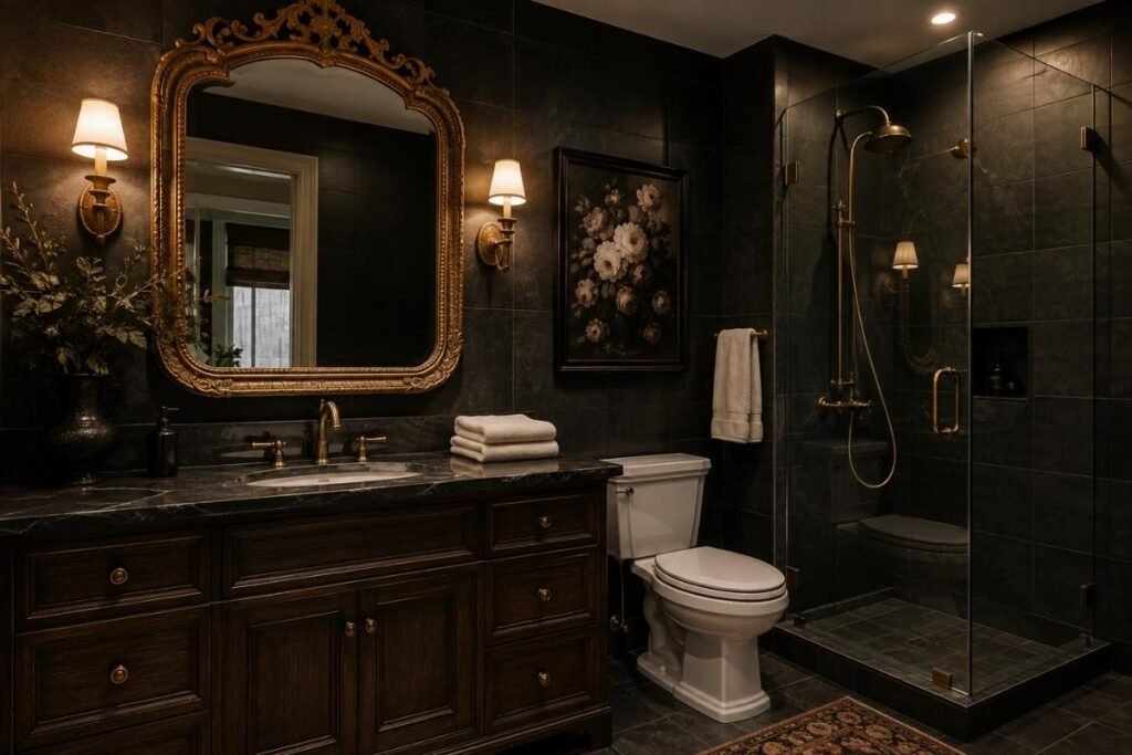 Gothic bathroom with charcoal tiles and an ornate brass mirror