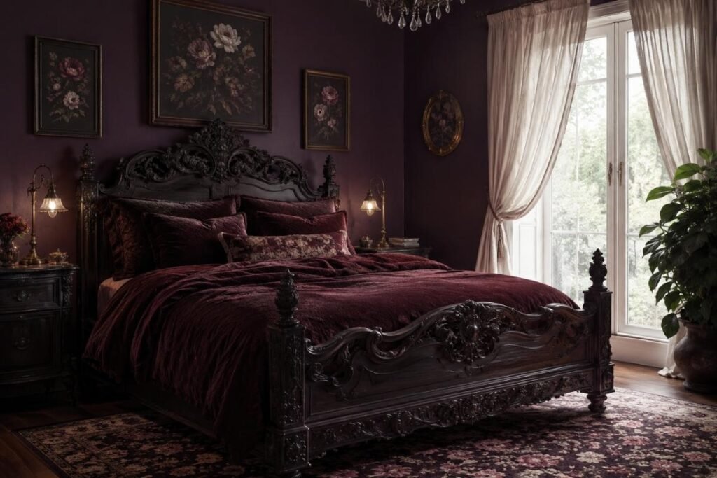 Gothic bedroom with plum walls, velvet bedding and antique brass lamps
