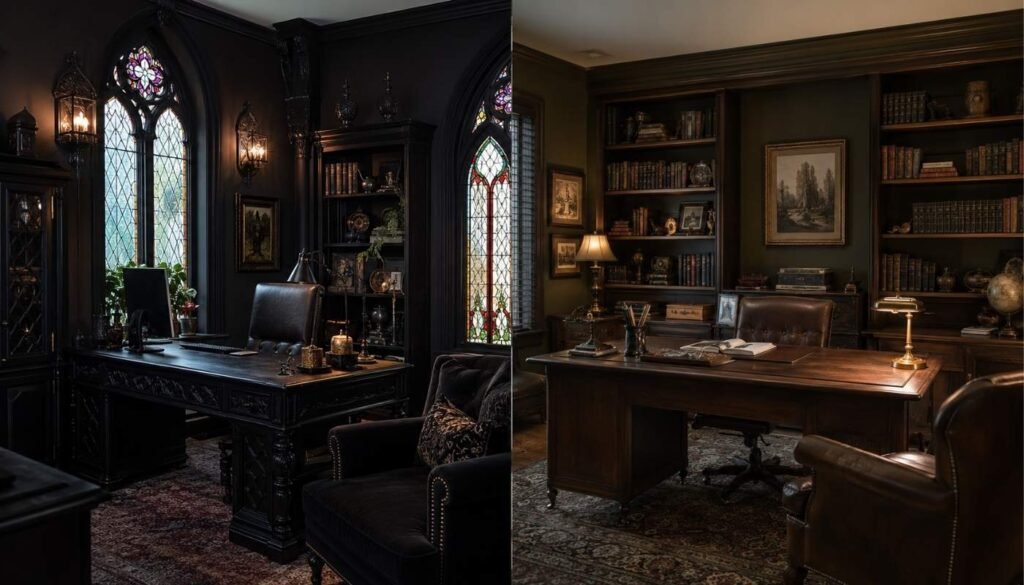 Side-by-side comparison of gothic decor and dark academia interior styles