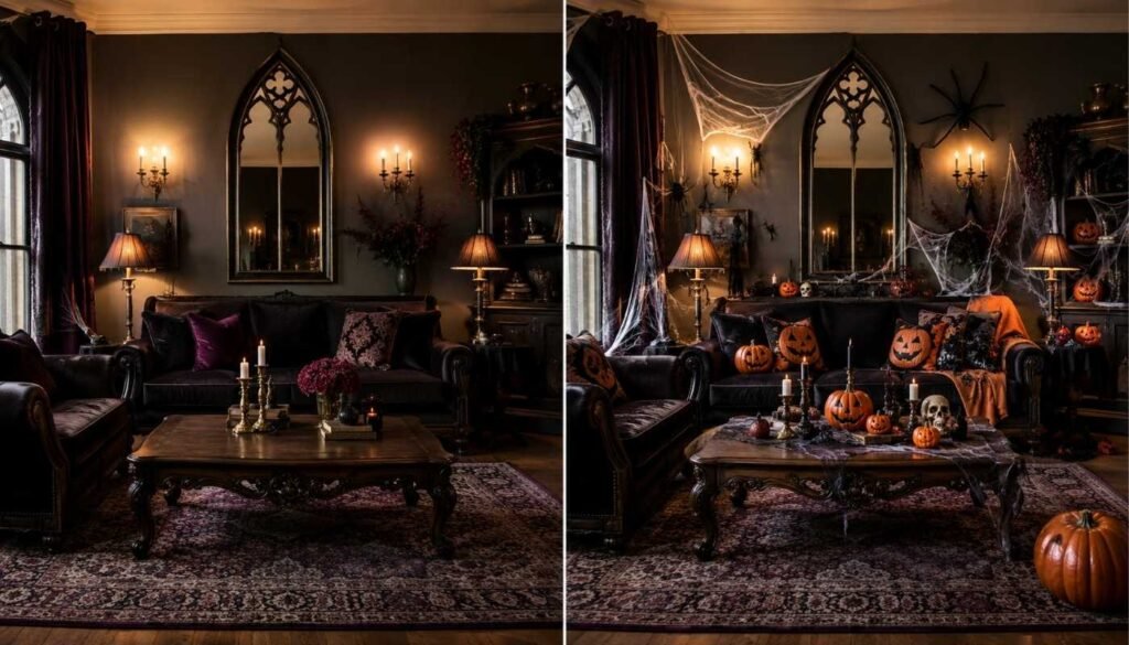 Comparison between elegant gothic home decor and seasonal Halloween decorations