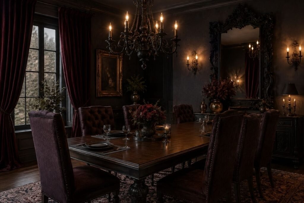 Gothic dining room with a dark wooden table and black chandelier