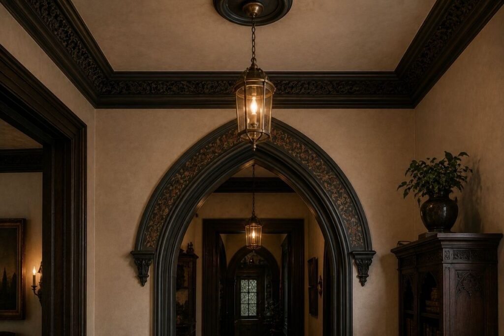 Gothic doorway with pointed-arch trim and dark ceiling moulding