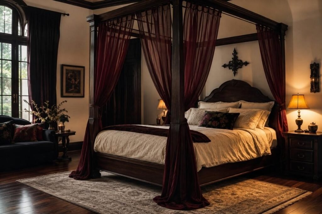 Dark walnut four-poster bed with burgundy curtains in a gothic bedroom