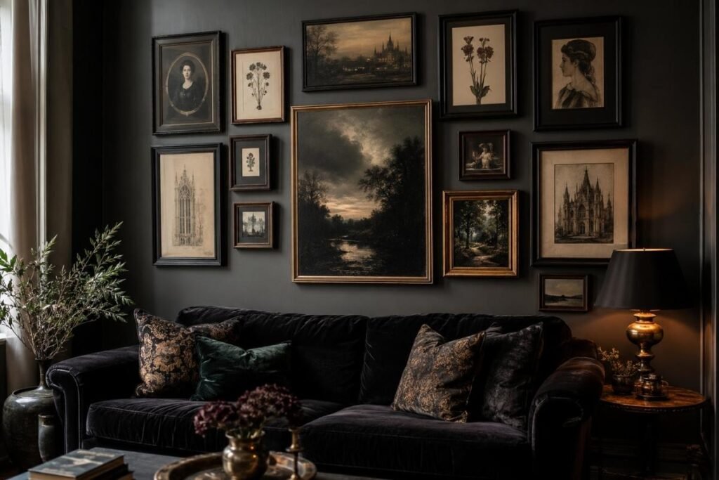 Gothic gallery wall with vintage portraits and botanical artwork
