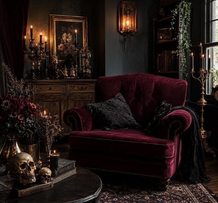 Gothic Halloween room with velvet furniture, dark colors, and antique decorations.