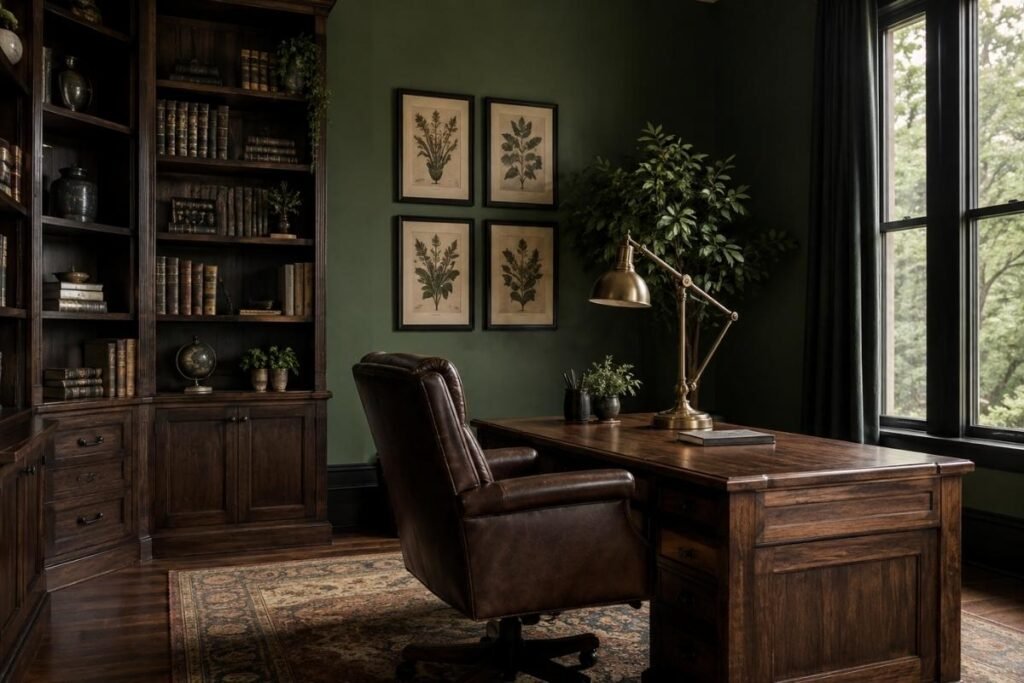 Gothic home office with dark bookshelves and forest-green walls