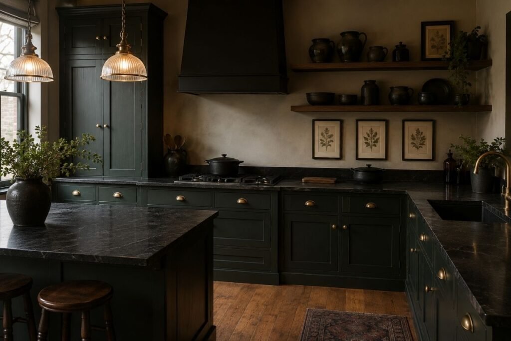 Gothic kitchen with dark green cabinets and aged-brass hardware
