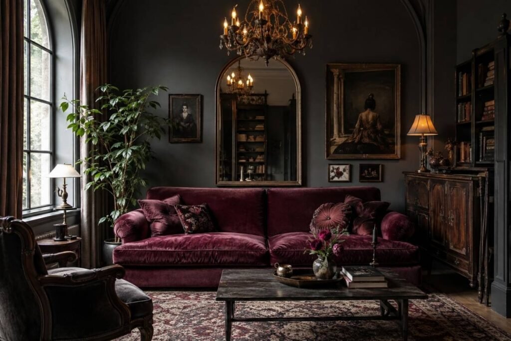 Elegant gothic living room with velvet seating and warm layered lighting
