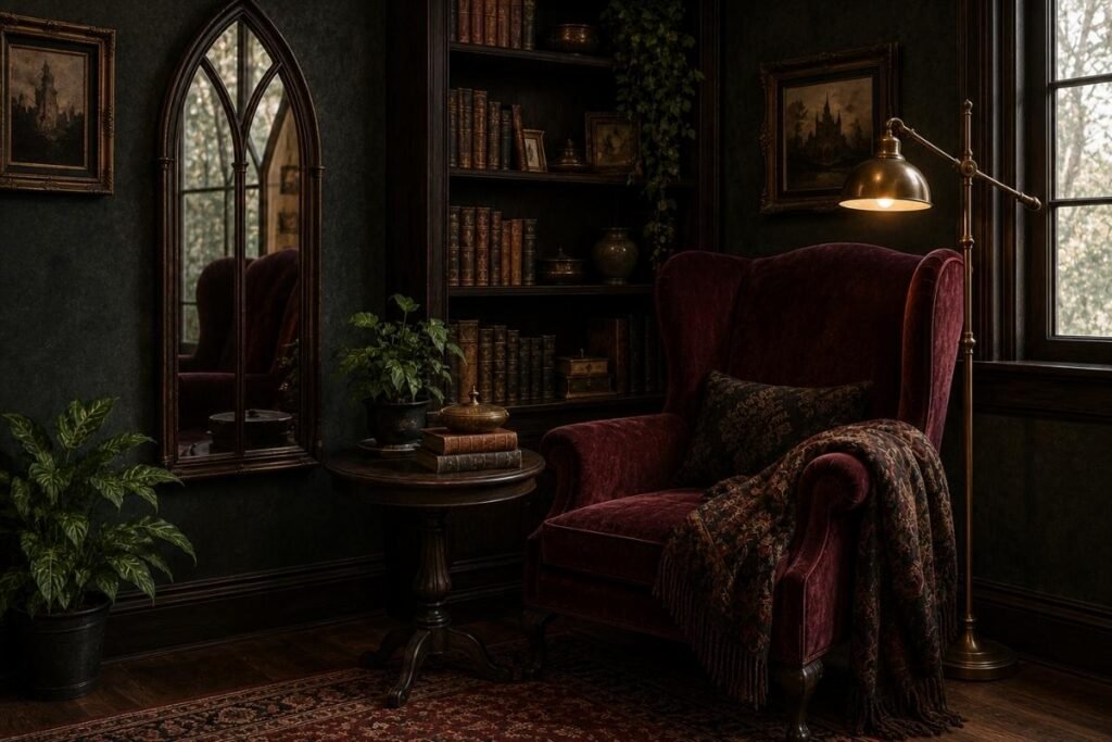 Cosy gothic reading corner with a burgundy chair and antique books