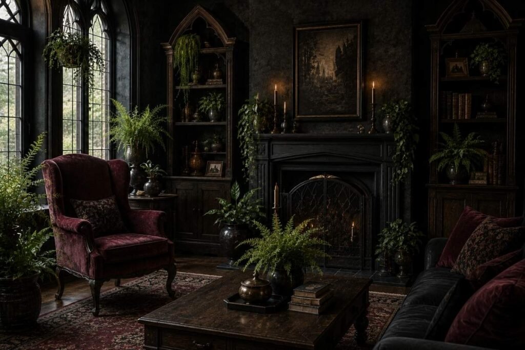 Gothic living room softened with ferns and trailing indoor plants