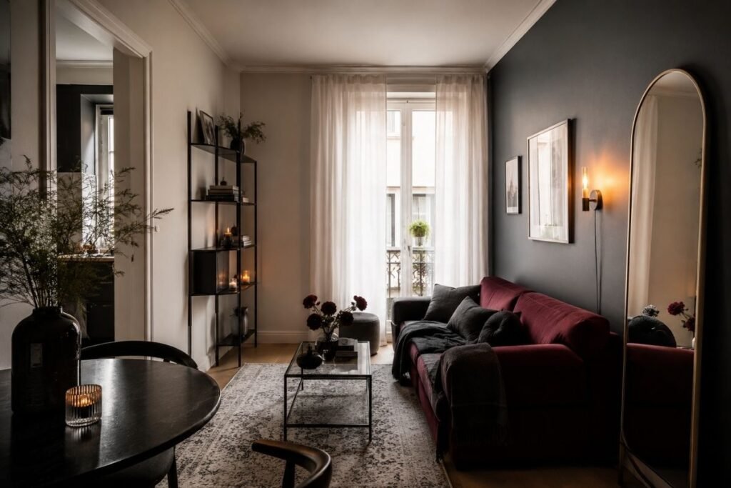 Space-efficient gothic decor in a small apartment living room