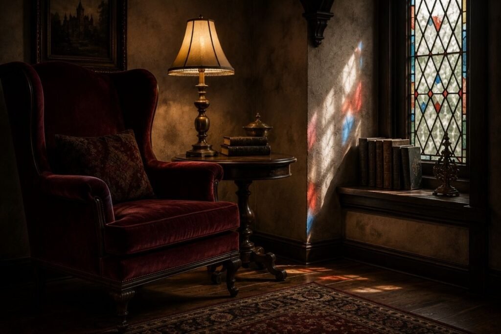 Gothic reading corner with a stained-glass window and velvet chair