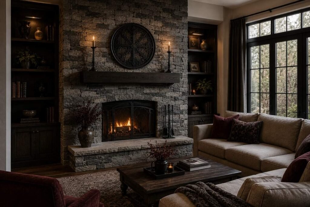 Gothic living room with a stone-effect fireplace feature wall