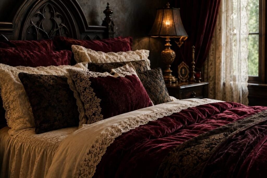Burgundy velvet, ivory lace and damask textiles in a gothic bedroom