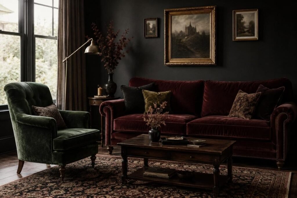 Burgundy and forest-green velvet furniture in a gothic sitting room