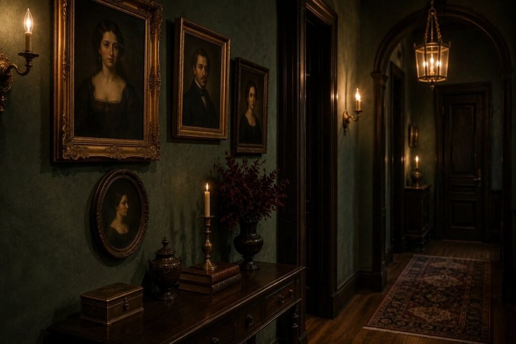 Vintage portrait paintings displayed in an elegant gothic hallway
