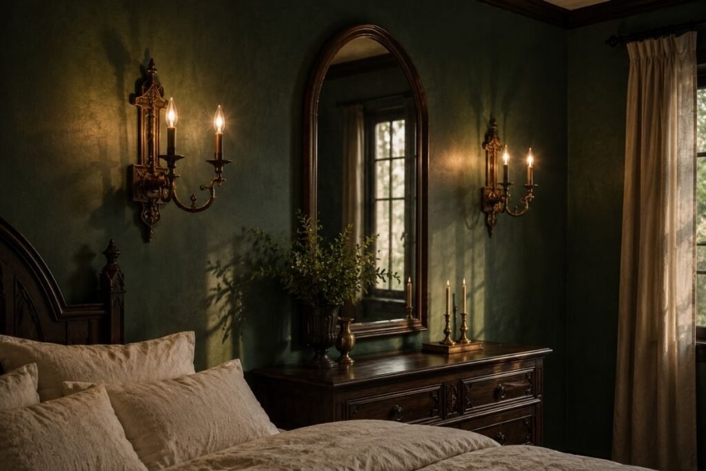 Antique-brass gothic wall sconces beside a pointed-arch mirror