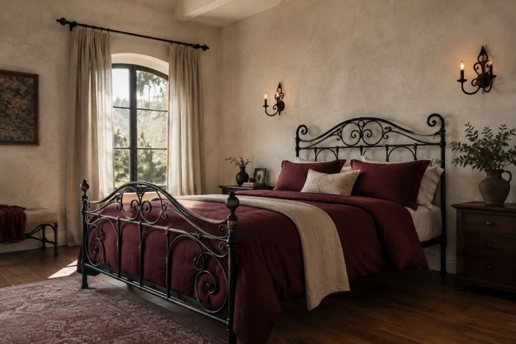 Gothic bedroom with a wrought-iron bed and matching black metal details