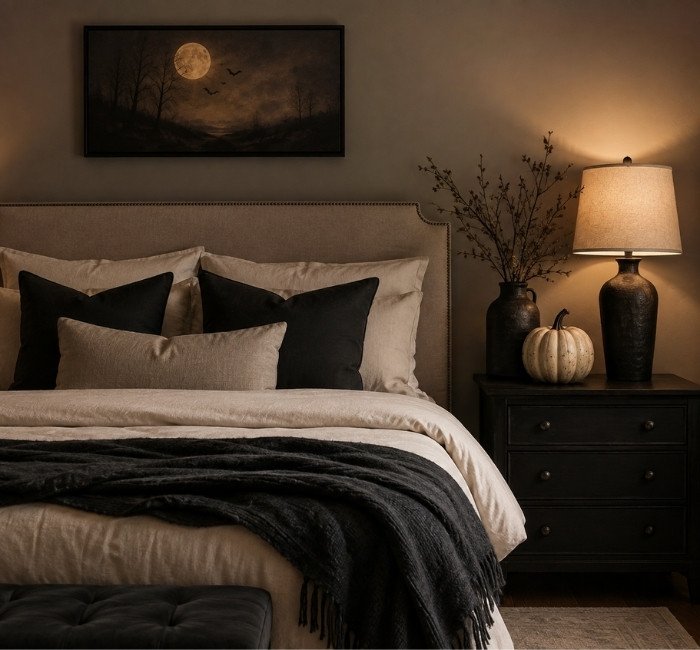 Bedroom decorated for Halloween with dark textiles and seasonal accessories.