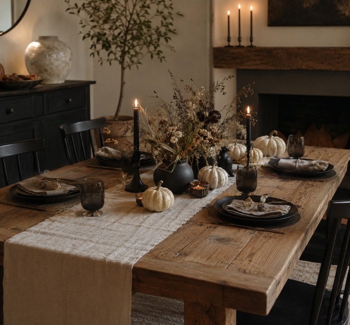 Halloween dining table with pumpkins, linen runner, and seasonal centerpiece.