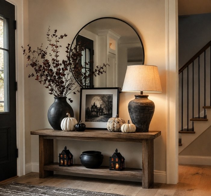 Halloween entryway with pumpkins, dried branches, and seasonal console table styling.
